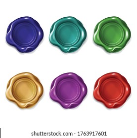 Multicolored wax seals for letter, document, certificate or guarantee. Vector realistic set of blank round wax stamps, isolated on white background. Royal old insignia, vintage label for lock envelope