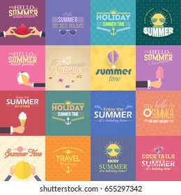 Multicolored Web Banner and Badge. Summer Party, Travel, Sale Concept Background. Web Ad Design, Vector Shapes, Flyer, Tag Collection