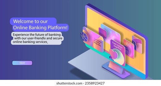 Multi-colored web interface of the banking application on the office computer screen in isometry. Vector banner