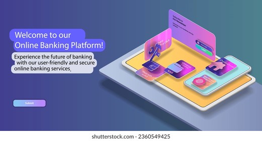Multi-colored web interface of the banking application with icons on the screen of a digital tablet and mobile phone in isometry. Vector banner