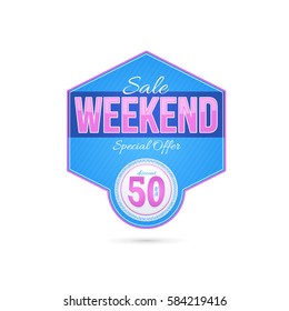 Multicolored Weekend Sale Theme Website Banner, Card, Flyer, Tag Ad Design. Colorful Badge Illustration. Glossy Style Discount Ball Isolated on White Background