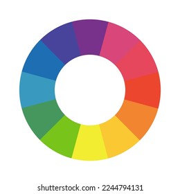 Multicolored wheel. Color circle guide. Pie chart diagram. Infographic element round shape. Color theory. Color wheel palette template for art school. Twelve part color system.