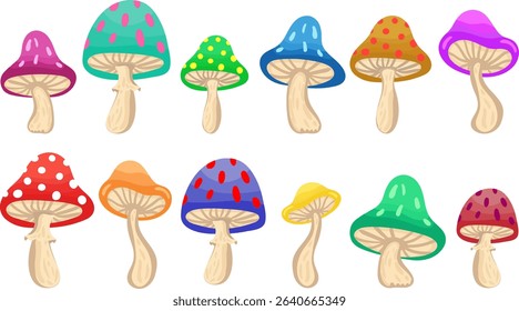 multicolored whimsical mushrooms vector set cartoon illustrations vibrant fungal elements for playful designs cute fantasy graphic objects