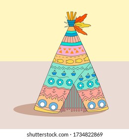 
Múltiple wigwam multicolor con varios adornos y patrones se encuentra en una sala en la caricatura vectorial de la casa