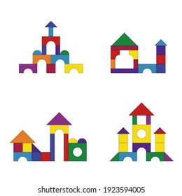 Multicolored wooden kids blocks toy details building kit set. Brick parts for the construction of a children tower, castle, house. Education toys for building and playing. Vector illustration