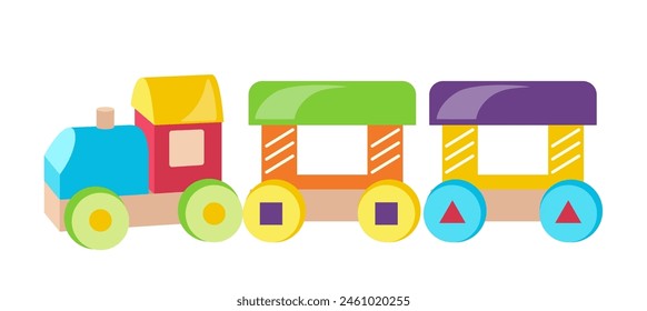 Multi-colored wooden locomotive for children fun games and development isolated on white background