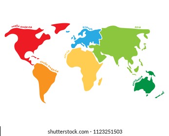 Multicolored world map divided to six continents in different colors - North America, South America, Africa, Europe, Asia and Australia. Simplified silhouette vector map with continent name labels