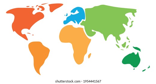 Mapa mundial multicolor dividido en seis continentes con diferentes colores: América del Norte, América del Sur, África, Europa, Asia y Australia. Mapa de vector de silueta lisa simplificada