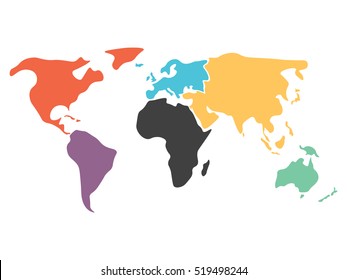 Multicolored world map divided to six continents in different colors - North America, South America, Africa, Europe, Asia and Australia Oceania. Simplified silhouette blank vector map without labels.