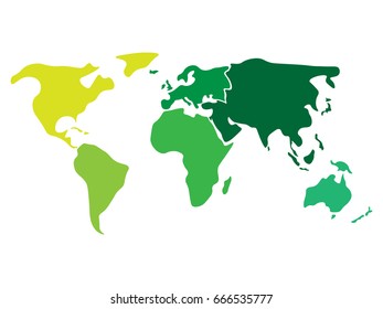 Multicolored world map divided to six continents in different colors - North America, South America, Africa, Europe, Asia and Australia Oceania. Simplified silhouette blank vector map without labels.