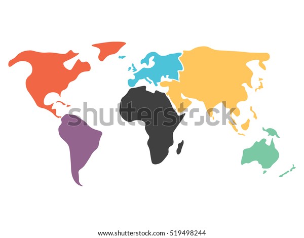 多彩色の世界地図を 北米 南米 アフリカ ヨーロッパ アジア オーストラリアのオセアニアの6大陸に分割 ラベルのないシルエット の空白のベクトルマップ のベクター画像素材 ロイヤリティフリー