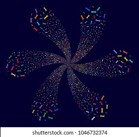 Multicolored Wrench centrifugal composition on a dark background. Vector abstraction. Suggestive spiral done from scattered wrench items.
