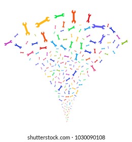 Multicolored Wrench exploding fountain. Object fountain constructed from random wrench pictograms as fireworks. Vector illustration style is flat iconic symbols with psychedelic colors.