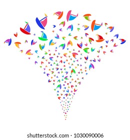 Multicolored Yacht burst fountain. Object fountain combined from random yacht design elements as fireworks. Vector illustration style is flat iconic symbols with psychedelic colors.
