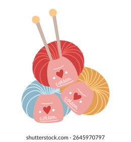 Multicolored yarn for knitting with labels and needles inside each other. isolated group of handcrafted items. cozy atmosphere. flat color illustration. knitting, handicrafts, printed products, hobby