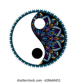 multicolored Yin yang decorative symbol. Hand drawn vintage style design element. mandala ornament doodles in zen tangle style