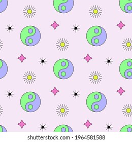 Multicolored yin yang and stars seamless pattern vector art.