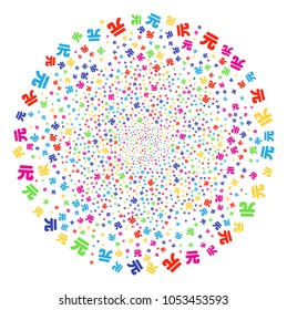 Multicolored Yuan Renminbi festive cluster. Vector globula fireworks created from scatter Yuan Renminbi symbols. Psychedelic Vector illustration.