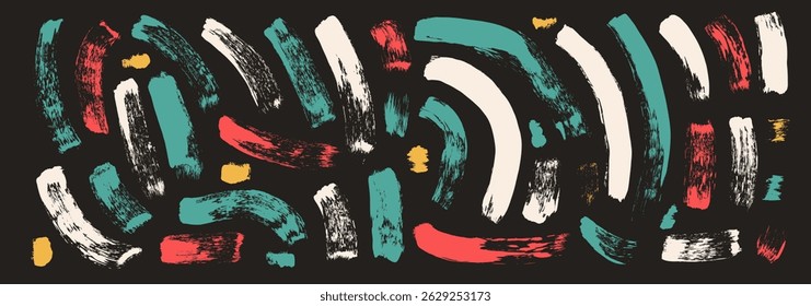 Multicolors paint wavy brush stroke lines. Hand drawn vector folk art squiggle figures. Brush line doodle elements set on dark background. Scribbles decor. Colorful thick curved grunge style stripes.