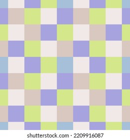 Multicolour checkerboard seamless pattern. Colourful squares  repeat background in lilac, neon green, blue and beige colour.