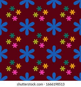 Multicolour large and small flowers on a dark bordo background repeat pattern