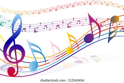 Multicolour  musical notes staff background. Vector illustration with transparency EPS10.