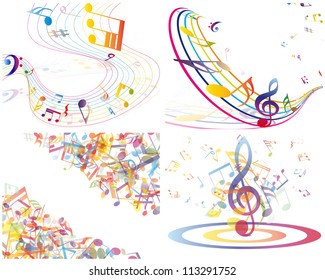 Multicolour  musical notes staff background. Vector illustration with transparency EPS10.