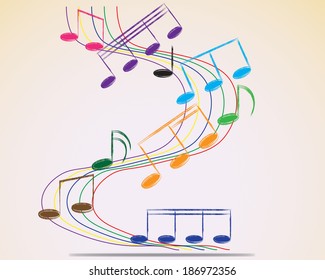 Multicolour musical notes staff background. Vector illustration.