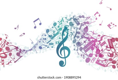 Multicolour  musical notes staff background. Vector illustration with transparency EPS10.