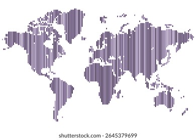 Multicolour vertical line shape world map. Vertical line shape multicolour world map. Multicolour line shape map to represent continents and countries