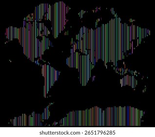 Mapa de mundo da forma de linha vertical multicolor. Um design de mapa de mundo em forma de linha de vetor estilizado que representa fronteiras e continentes nacionais. Mapa do mundo vertical para geografia global