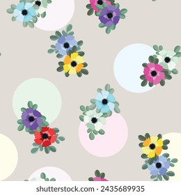 Multicoloured anemones pattern. On a beige background. Seamless vector texture. Wrapping paper. Fabric.