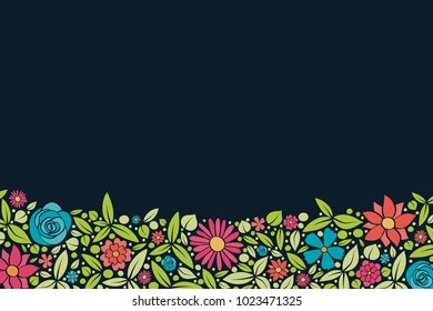 Multicoloured background with cute flowers and copyspace. Spring background. Vector.