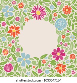 Multicoloured background with cute flowers and copyspace. Spring background. Vector.