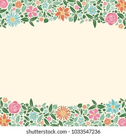 Multicoloured background with cute flowers and copyspace. Spring background. Vector.