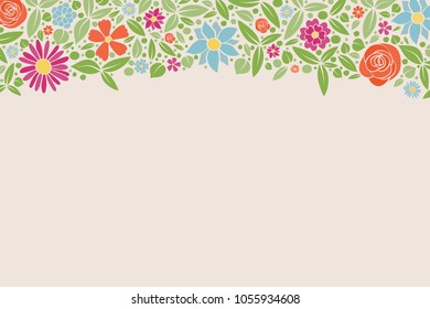 Multicoloured background with cute flowers and copyspace. Spring background. Vector.