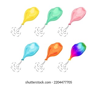 Multicoloured Balloons deflates, flies away set. Scientific experiment. Vector cartoon illustration.