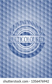 Multicoloured blue badge with geometric background.