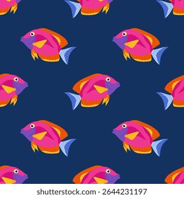 Multicoloured bright sea or ocean fish pattern. Tropical fish on blue background. For ocean-themed textiles, wallpapers and packaging, postcards or covers.