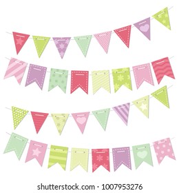 Multicoloured buntings set, garlands isolated on white background. Cute party flags with pattern design, pastel colours. Holiday decorations. Vector illustration in cartoon style