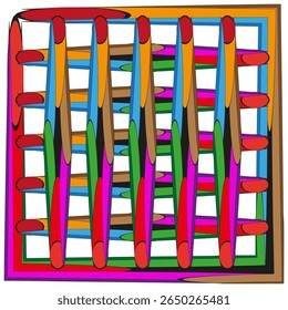 Multicoloured checkered lattice. Chromatic perpendicular bars. Dynamic grid Vector. Geometric abstract configuration.