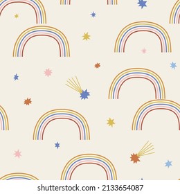 Multicoloured childish rainbows in starry sky with fallen stars vector seamless pattern. Boho baby celestial background. Bright arcs stellar skies surface design for kids fashion and nursery decor.