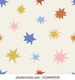 Multicoloured childish stars in the sky space vector seamless pattern. Boho baby naive celestial starry background. Kid-like stellar decorative surface design for fabric or Scandinavian style nursery.