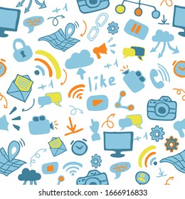 Multicoloured doodle seamless pattern with social media elements, objects in vector design. Graphic trendy ornament. Bright global simbols. Simple Illustration