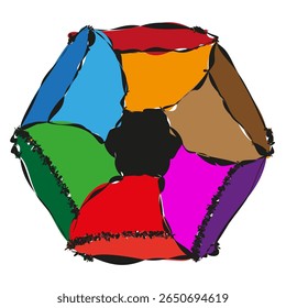 Multicoloured faceted polyhedron. Angularly patchwork surfaces. Geometric polygonal Vector. Vibrant conceptual sculpture.