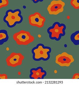 Multicoloured  flowers on green background seamless pattern