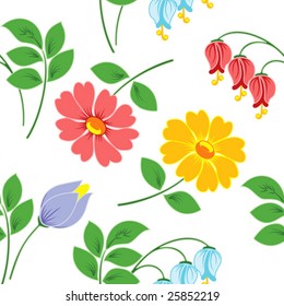 Multi-coloured flowers on  white background. Seamless figure.