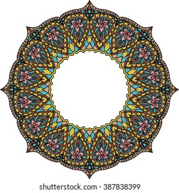Multicoloured frame mandala. Design element in the Indian style isolated on white background. Vector illustration