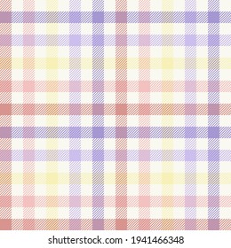 Multicoloured gingham in lilac, peach and lemon. Seamless vector pattern suitable for fashion or interiors.