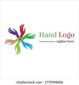 Multicoloured Hand based social type crowd or togetherness vector logo illustration with dummy text on white background.